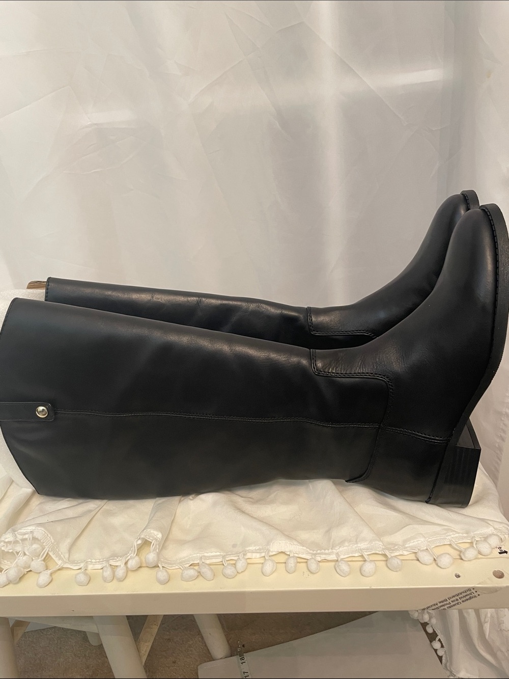 INC Black leather Riding Boots, Wide Calf, 18” Tall, 1” heel, side zip top loops - Picture 11 of 16